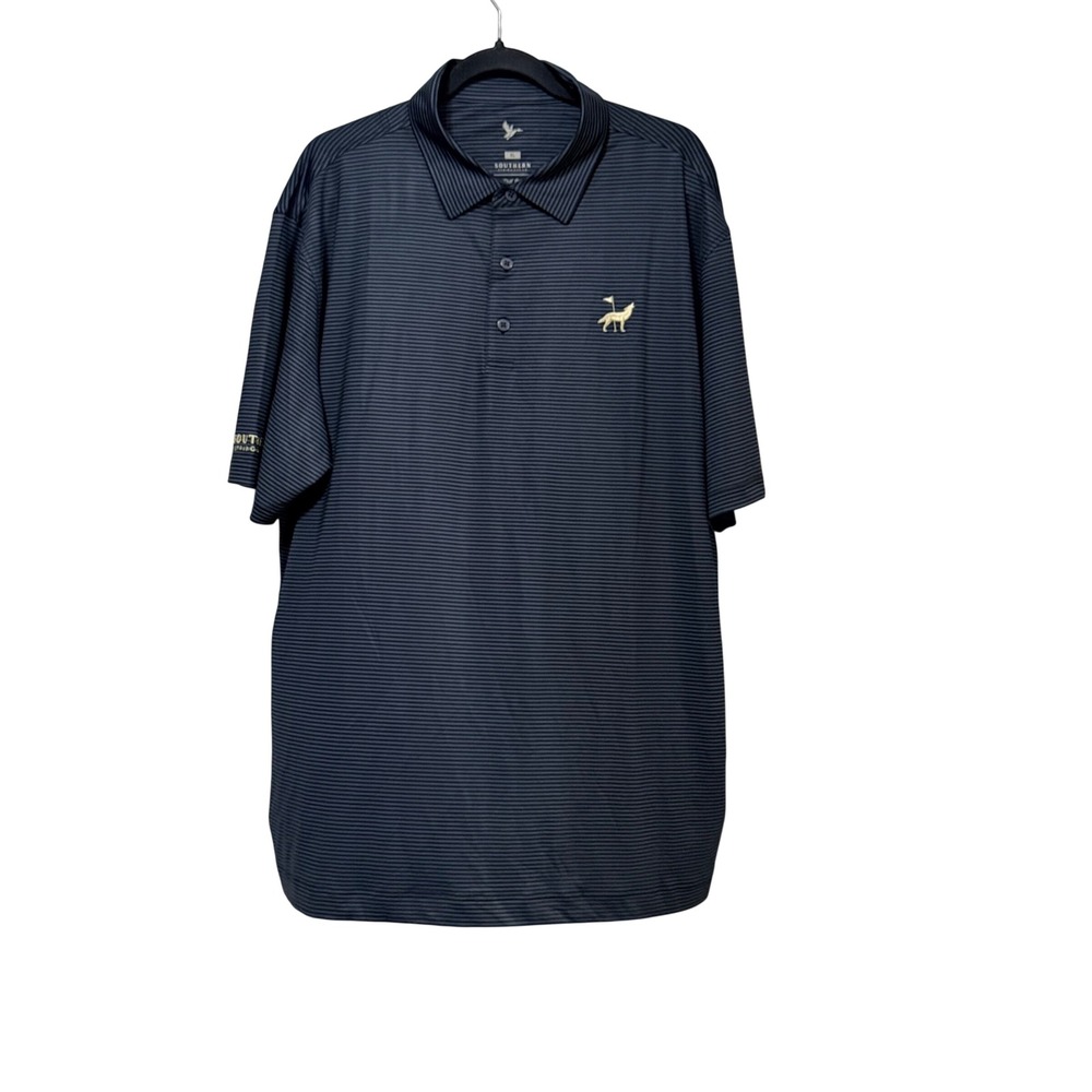 Southern String Hat Co Mens XL Navy Striped Performance Golf Polo Wolf Logo